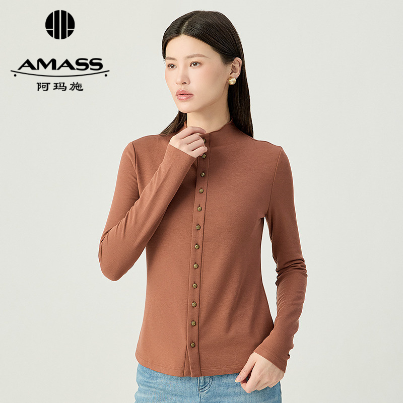 阿玛施AMASS 优雅基础款小立领排扣纯色长袖衬衫5301016