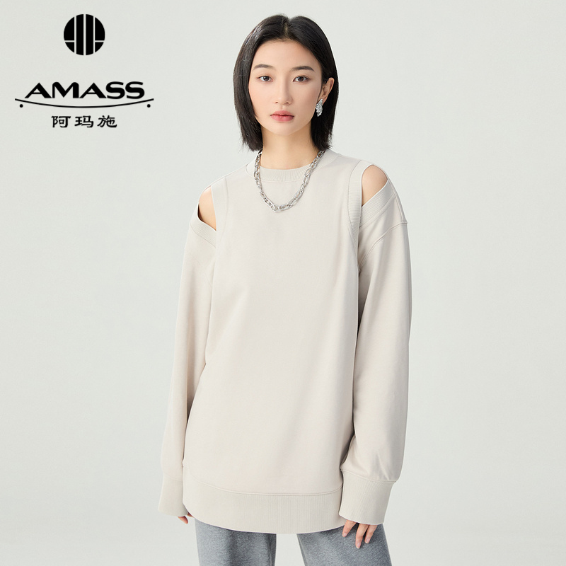 阿玛施AMASS 时尚休闲露肩设计圆领廓形卫衣5301056