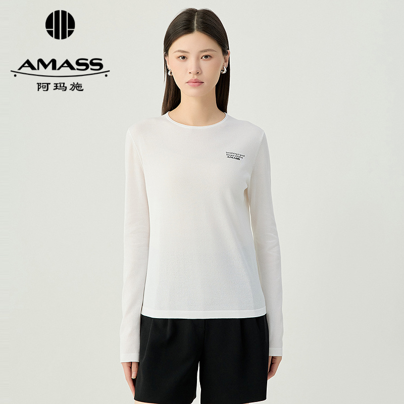 阿玛施AMASS 简约舒适胸前文字印花圆领透视罩衫针织衫538016