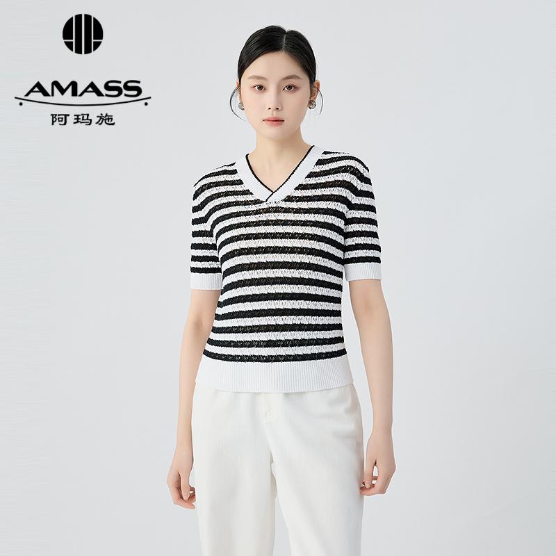 阿玛施AMASS 经典百搭镂空设计条纹针织衫538023