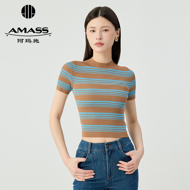 阿玛施AMASS 时尚百搭条纹圆领修身短袖针织衫538047