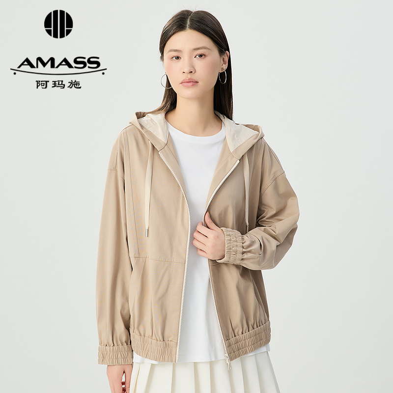 阿玛施AMASS 撞色设计下摆松紧宽松版拉链连帽衫540002