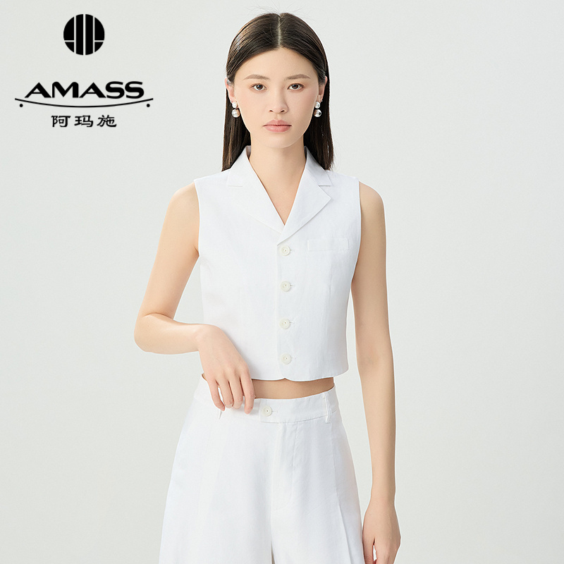 阿玛施AMASS 早春时尚通勤百搭纯色亚麻短款西装领小马甲540028