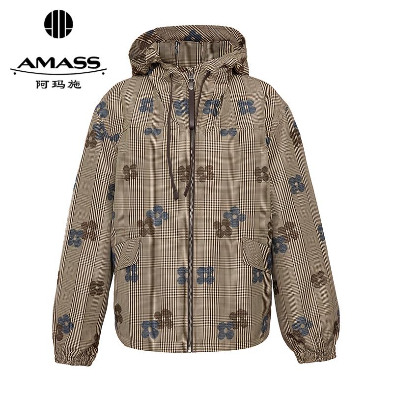 阿玛施AMASS 质感格纹花纹印花仿皮质拉片连帽外套540055