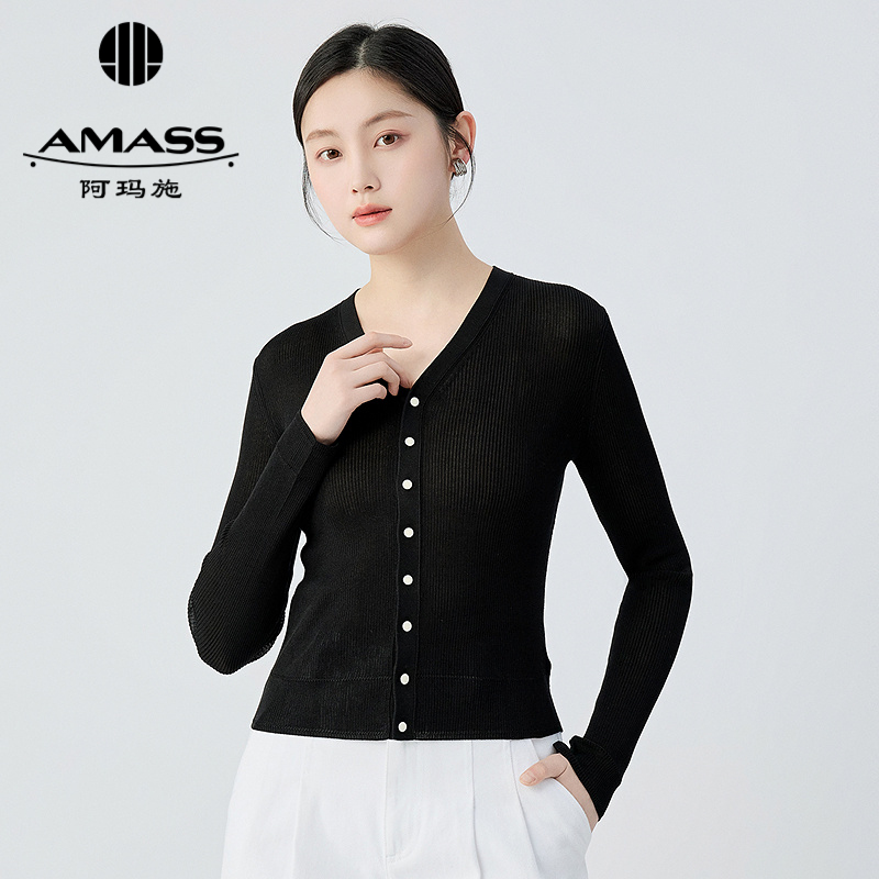 阿玛施AMASS 简约休闲衣扣撞色设计小V领针织开衫548002