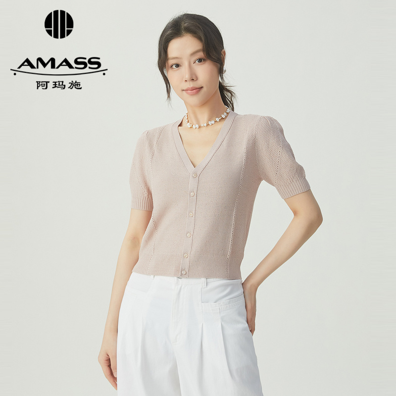 阿玛施AMASS 夏季清凉色彩冰丝V领针织短袖开衫5499253