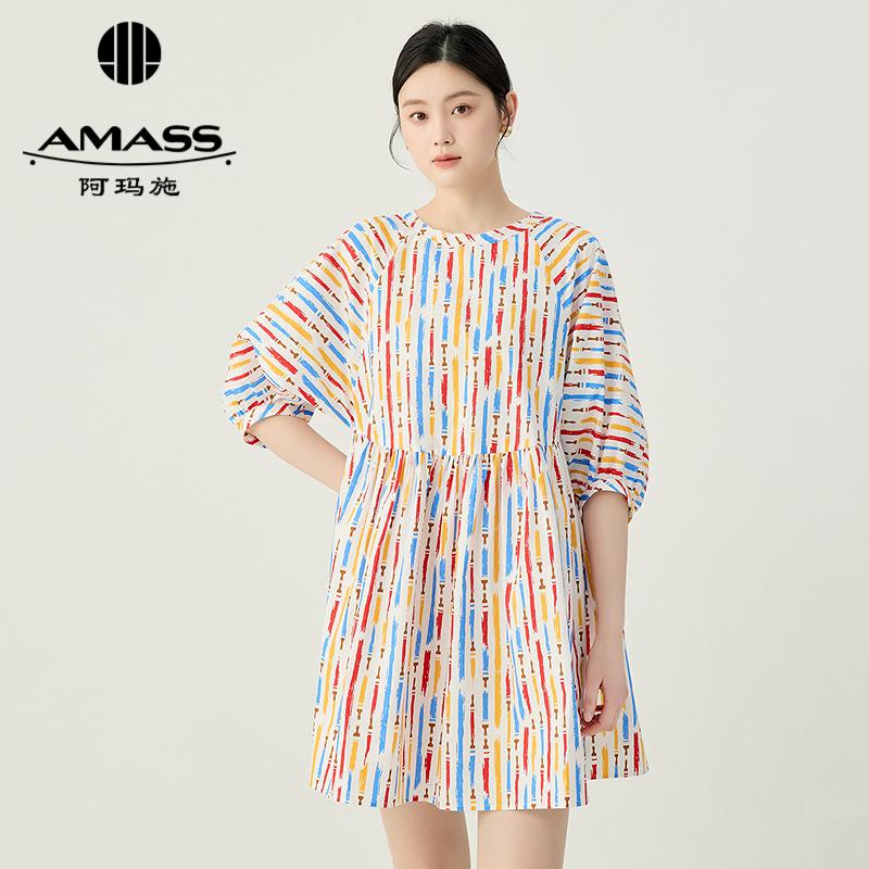阿玛施AMASS 棉质小清新撞色宽松短款连衣裙550019