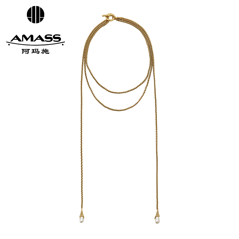 阿玛施AMASS 质感百搭镀金铜仿珍珠吊坠三层式项链590049