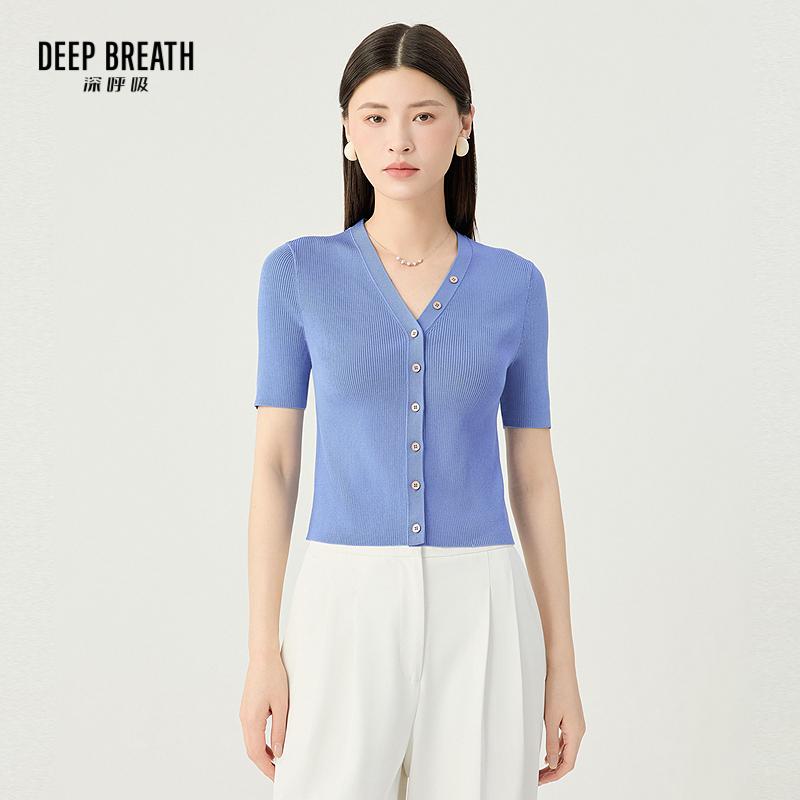 DEEP BREATH深呼吸女装 V领定制金属扣套头短袖针织开衫A400865