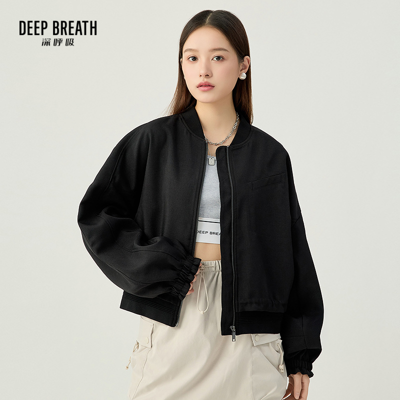 DEEP BREATH深呼吸女装 休闲抽褶下摆拉链纯色棒球服外套A401318