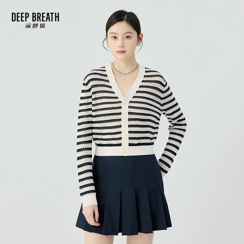 DEEP BREATH深呼吸女装 新款V领纽扣条纹肌理长袖针织开衫A401433