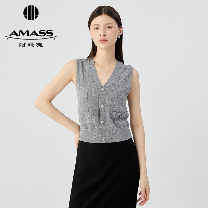 阿玛施AMASS 简约舒适竖坑纹V领无袖马甲针织衫548013