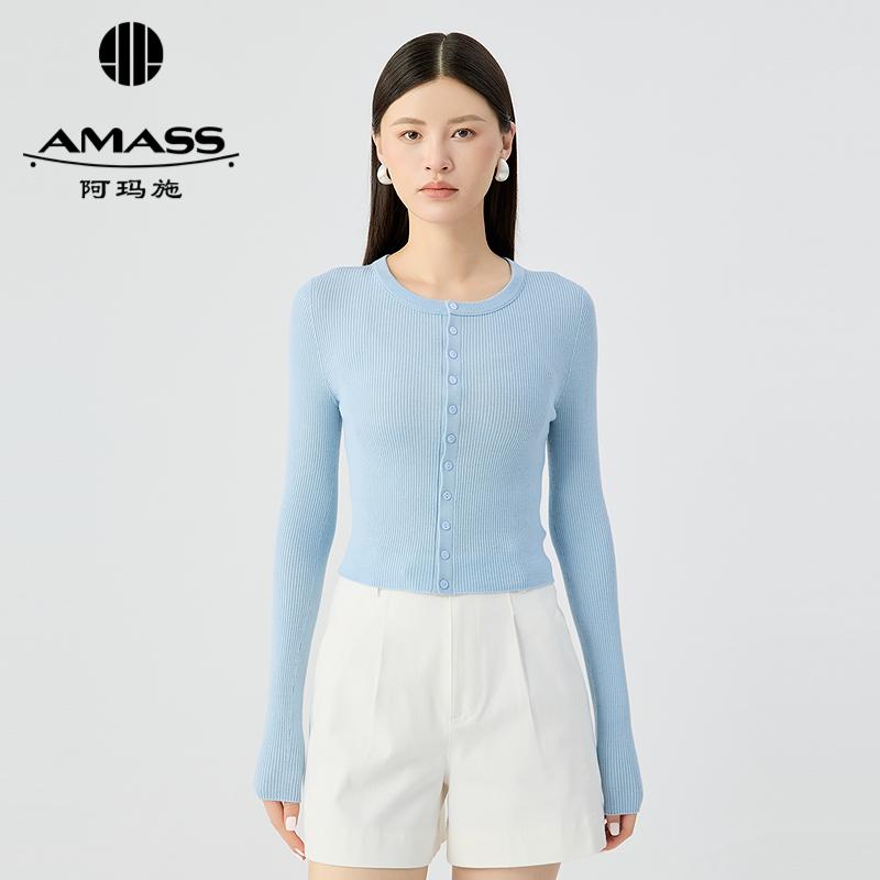 阿玛施AMASS 经典百搭金银丝圆领羊毛针织开衫548037