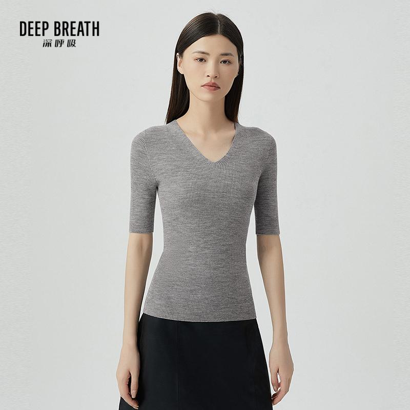 DEEP BREATH深呼吸女装 V领半袖套头纯羊毛针织衫A301255