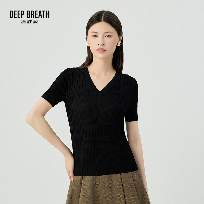 DEEP BREATH深呼吸女装 简约纯色V领针织短袖肌理感上衣A301269