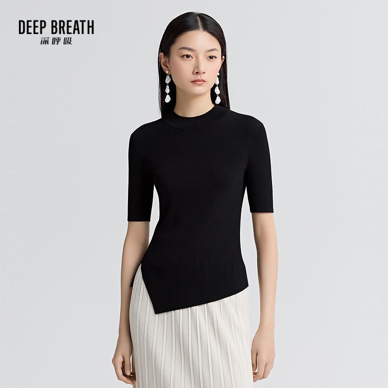 DEEP BREATH深呼吸女装 小烟管领开叉不规则下摆短袖针织衫A301847