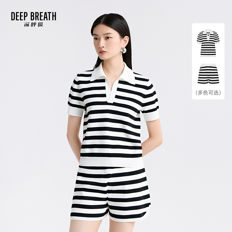 DEEP BREATH深呼吸女装 条纹短袖衫条纹针织热裤套装A301910-A100459
