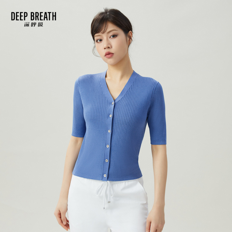 DEEP BREATH深呼吸女装 V领坑条中袖针织冰丝开衫毛针织衫A400870-1