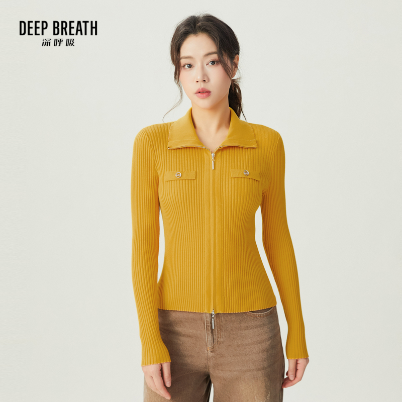 DEEP BREATH深呼吸女装 简约双头拉链装饰袋针织开衫A400975