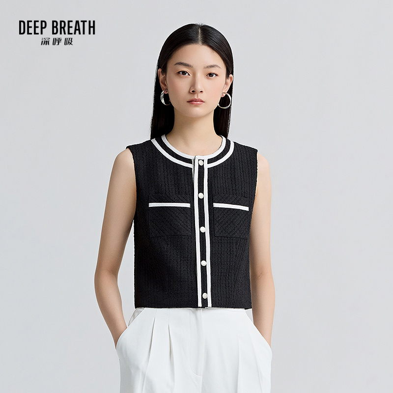 DEEP BREATH深呼吸女装 圆领拼色单排扣修身小香风马甲A401444