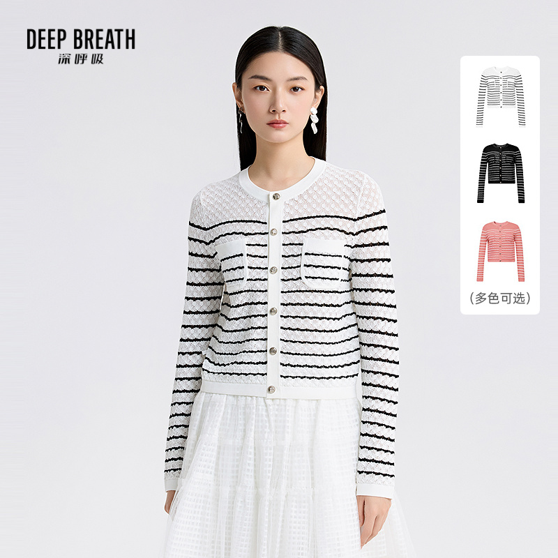 DEEP BREATH深呼吸女装 圆领拼色条纹镂空口袋长袖针织开衫A401450