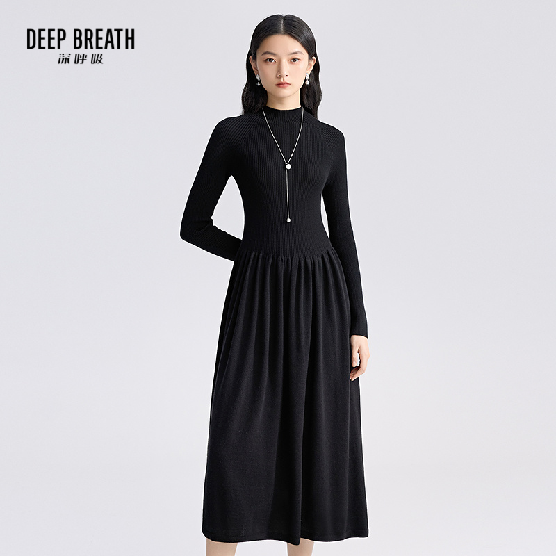 DEEP BREATH深呼吸女装 烟管领纯色长袖中长羊毛针织连衣裙A500506