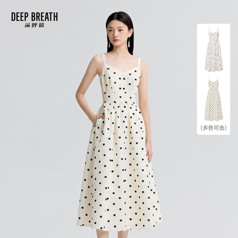 DEEP BREATH深呼吸女装 吊带V领无袖连衣裙法式高腰花朵伞裙A500516