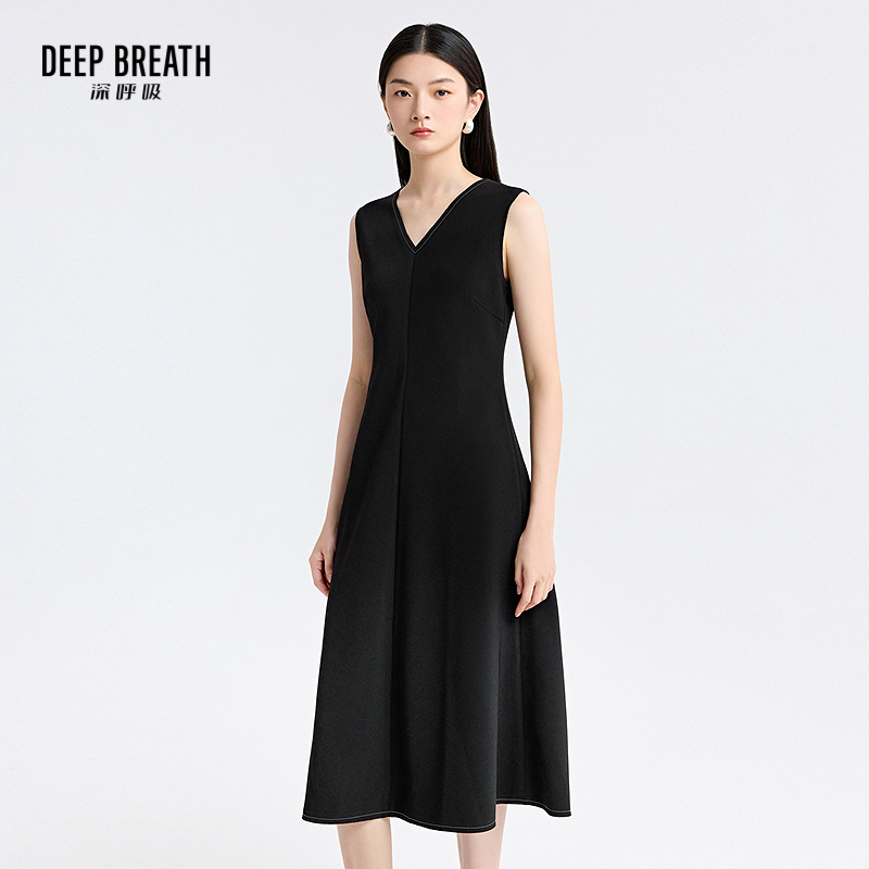 DEEP BREATH深呼吸女装 前后V领斜纹肌理明线收腰长款连衣裙A500530