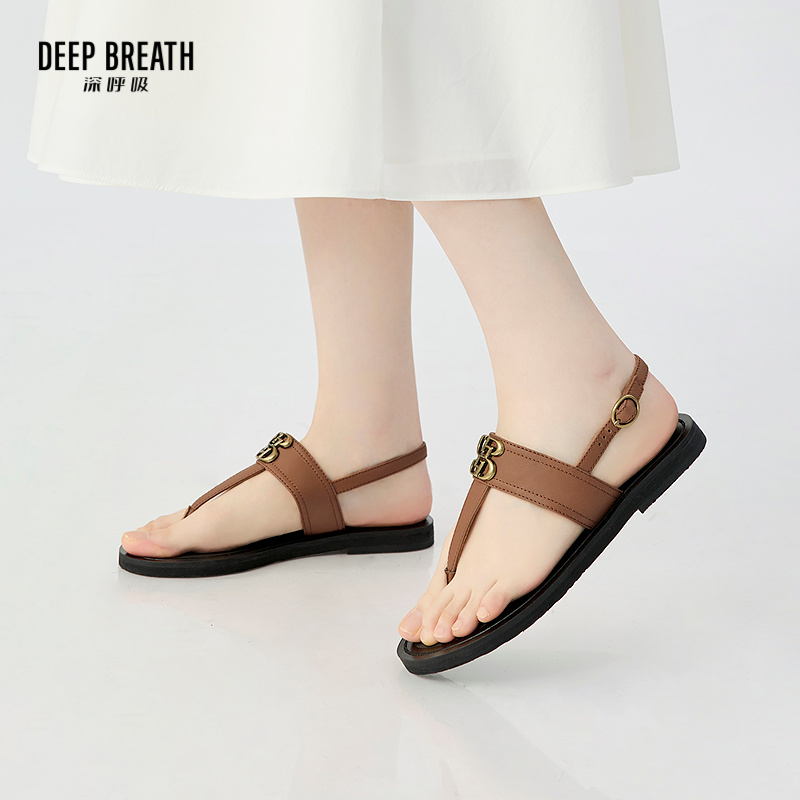 DEEP BREATH深呼吸女鞋 牛皮T字带平底度假风夹脚凉鞋女鞋AX14117