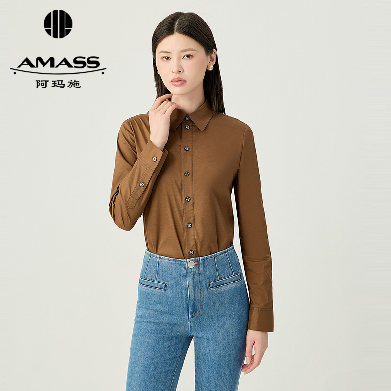 阿玛施AMASS 复古学院明线收腰设计长袖衬衫530017