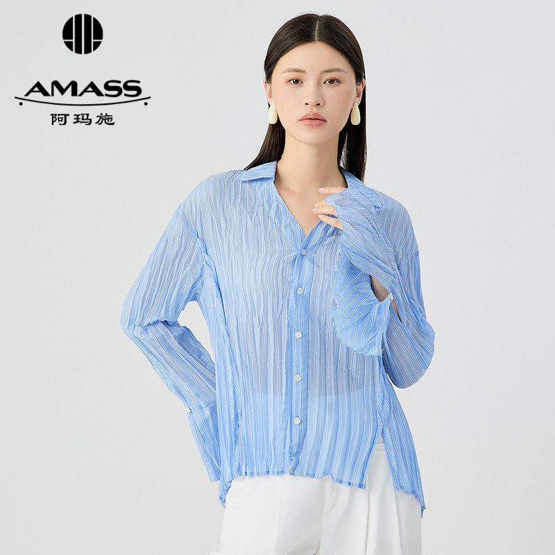 阿玛施AMASS 海报款褶皱花边长袖领子毛边设计款条纹衬衫530026