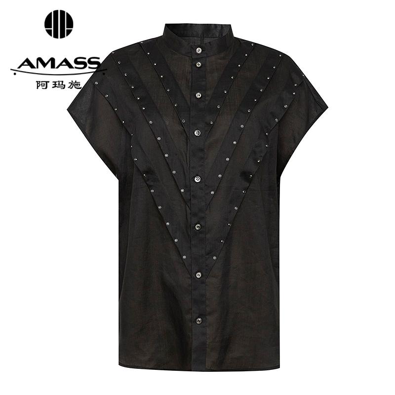 阿玛施AMASS 新中式质感V型烫钻苎麻落肩无袖衬衫530031