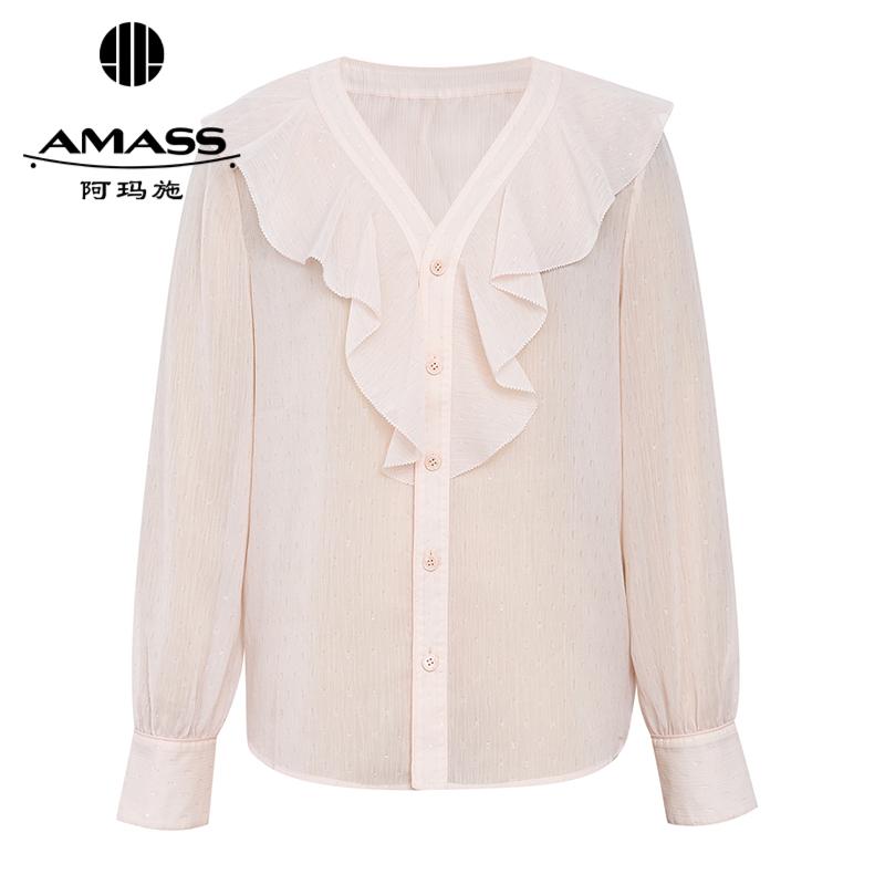 阿玛施AMASS 知性优雅领口花边小波点长袖衬衫530032