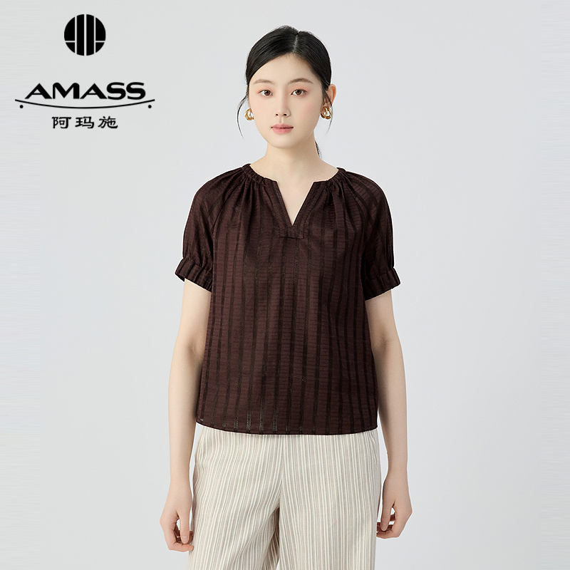 阿玛施AMASS 气质V领抽褶条纹短袖上衣530036