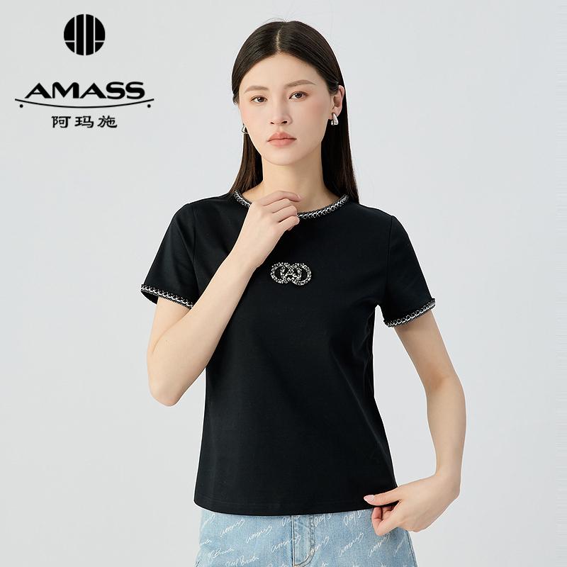 阿玛施AMASS 气质休闲圆领领口袖口立体花边设计T恤上衣530054