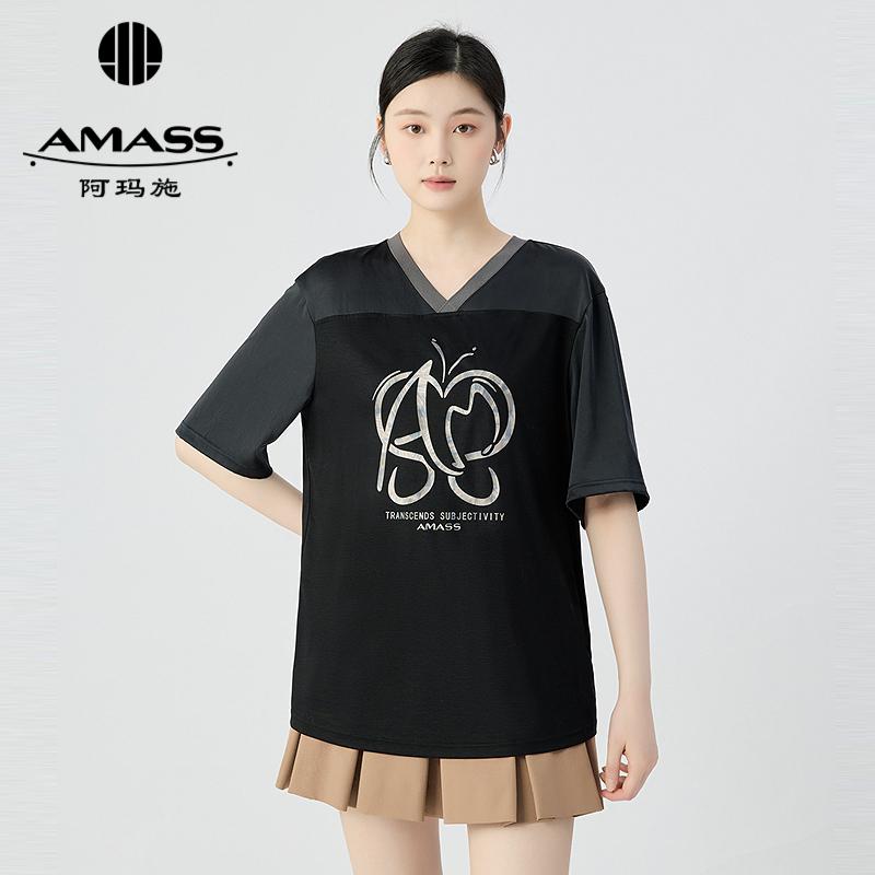 阿玛施AMASS 时尚舒适拼接设计V领印花廓形短袖T恤530058
