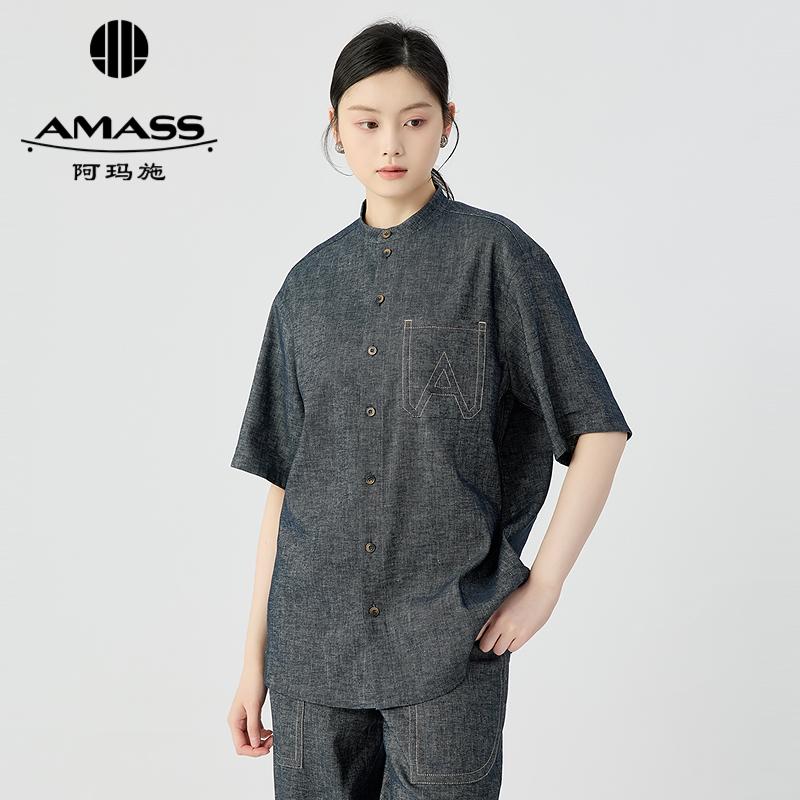 阿玛施AMASS 随性新中式小立领胸前口袋A字圆领麻衬衣530060