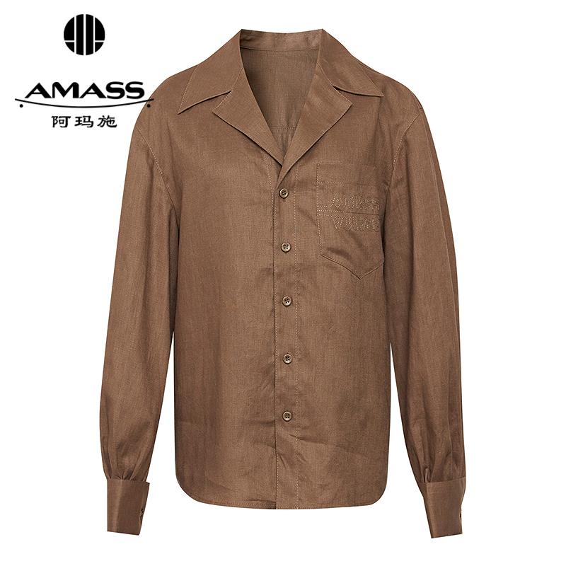 阿玛施AMASS 简约舒适翻领胸前口袋透气亚麻长袖衬衫530065
