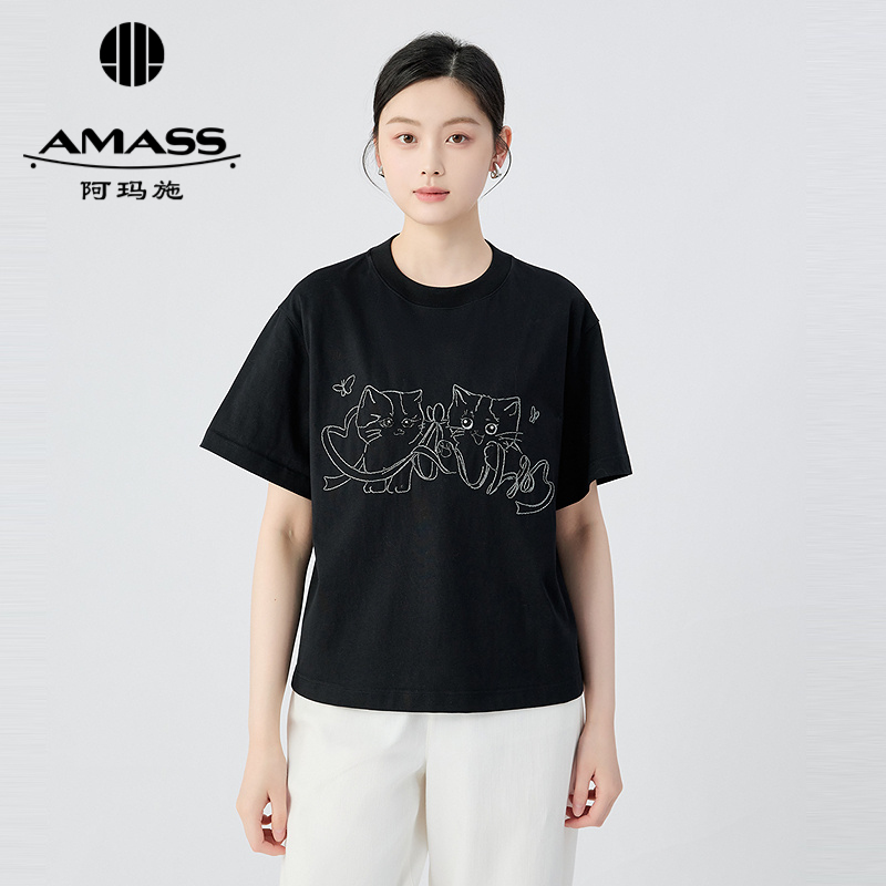 阿玛施AMASS 休闲质感直身版猫咪钉珠圆领T恤530088