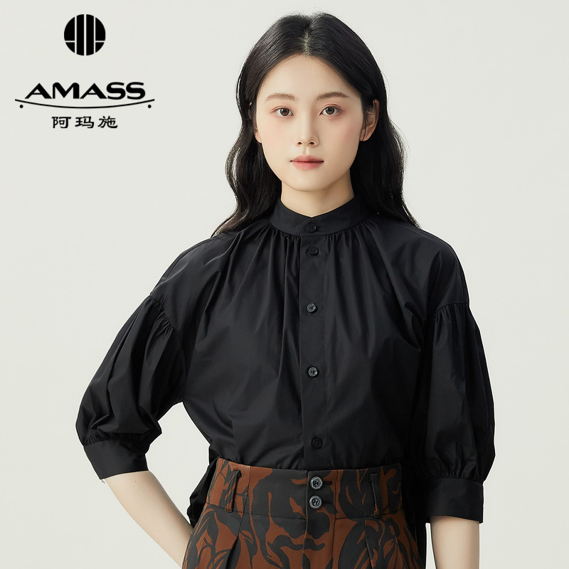 阿玛施AMASS 新中式复古小立领短袖廓形衬衫5301060