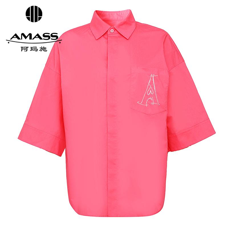阿玛施AMASS 春夏靓丽色彩字母线条烫钻装饰图案中袖衬衫5301097