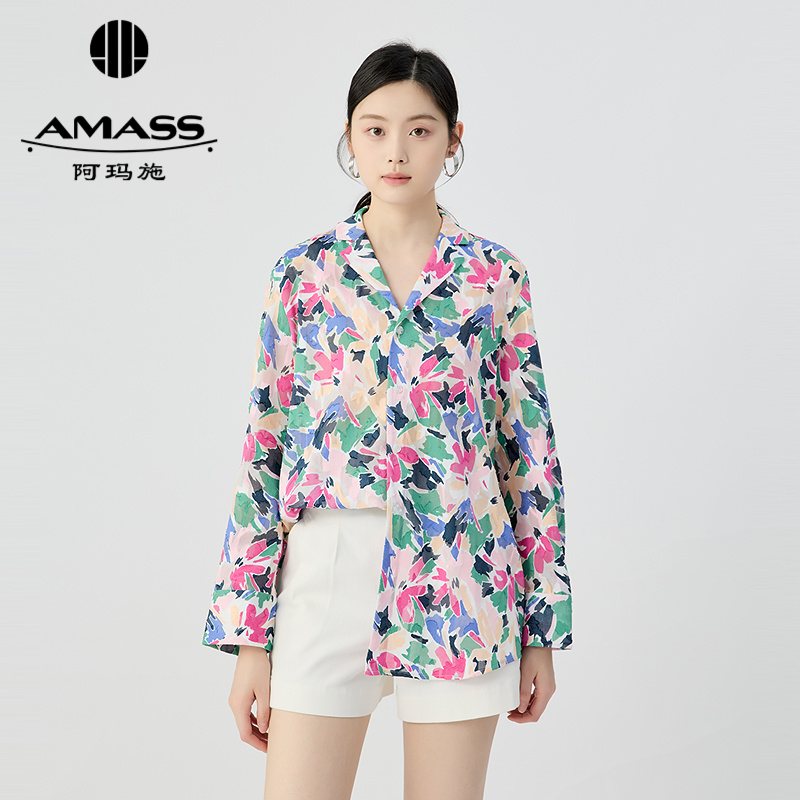 阿玛施AMASS 休闲坠感印花图案小V领翻领衬衫530165