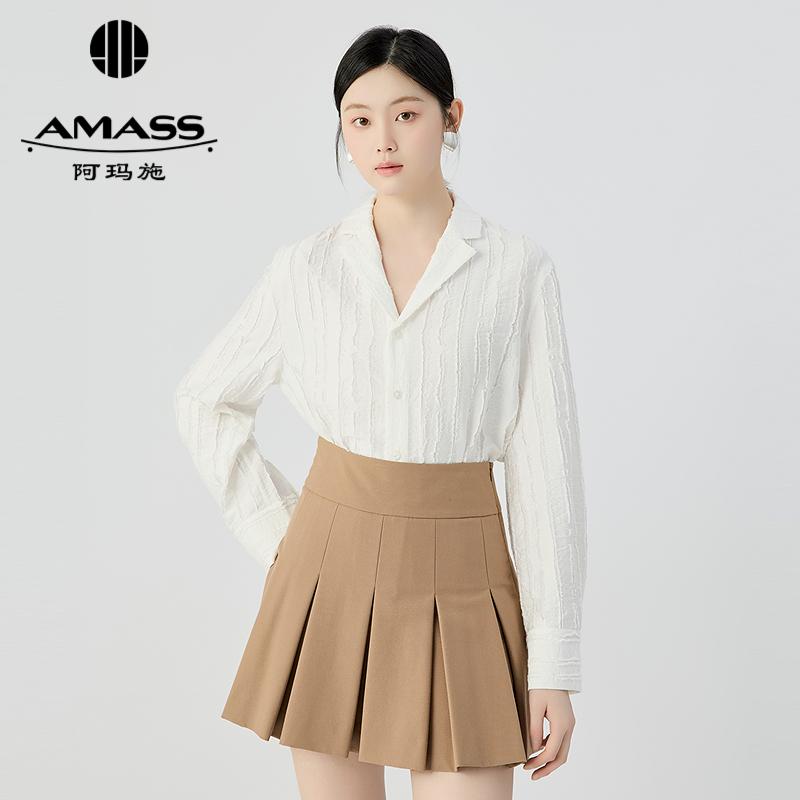 阿玛施AMASS 经典时尚通勤垂坠感小V领翻领薄款衬衫530165