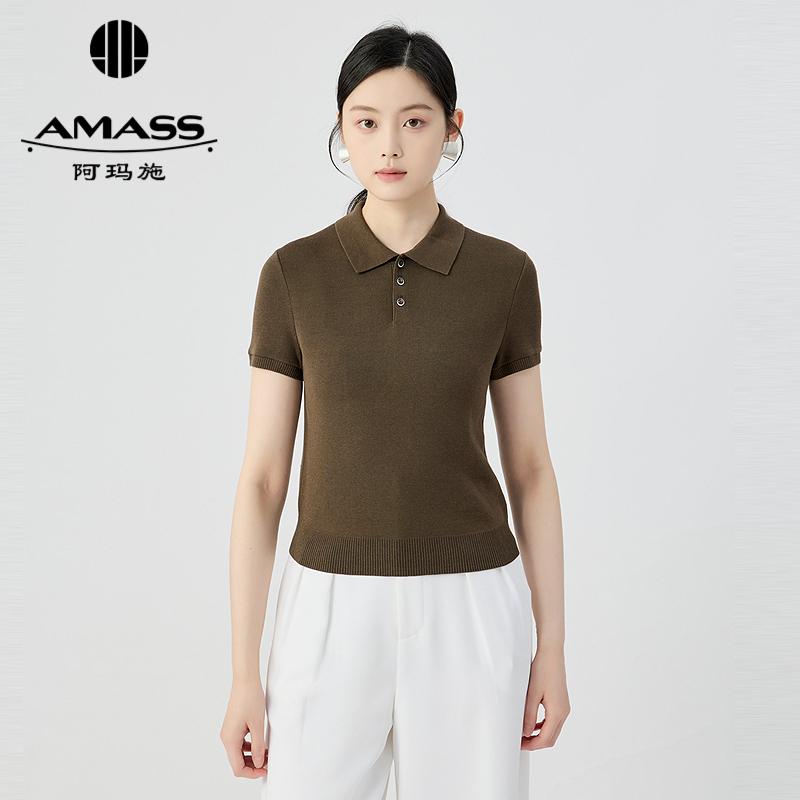阿玛施AMASS 简约时尚百搭小翻领锁边设计针织538004