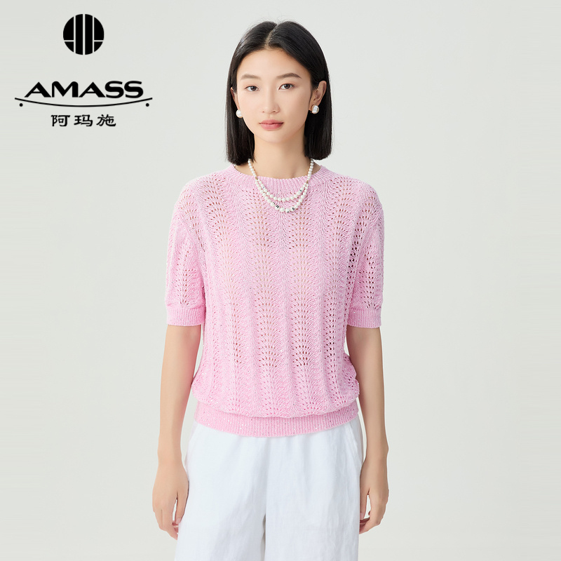 阿玛施AMASS 夏季镂空亮片短袖针织衫5399712