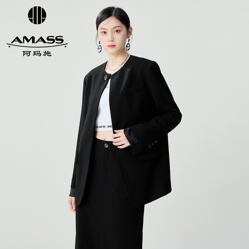 阿玛施AMASS 新款高级通勤极简风圆领单口廓形垫肩西服外套5400872