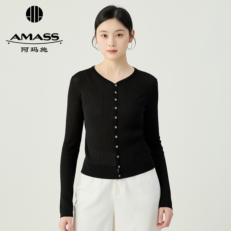 阿玛施AMASS 随性清凉百搭竖坑纹小V领针织开衫548012