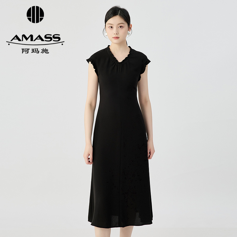 阿玛施AMASS 气质浪漫花边小盖袖显瘦收腰小黑连衣裙550009