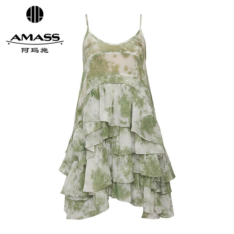 阿玛施AMASS 不规则裙摆色彩晕染吊带短款连衣裙550015