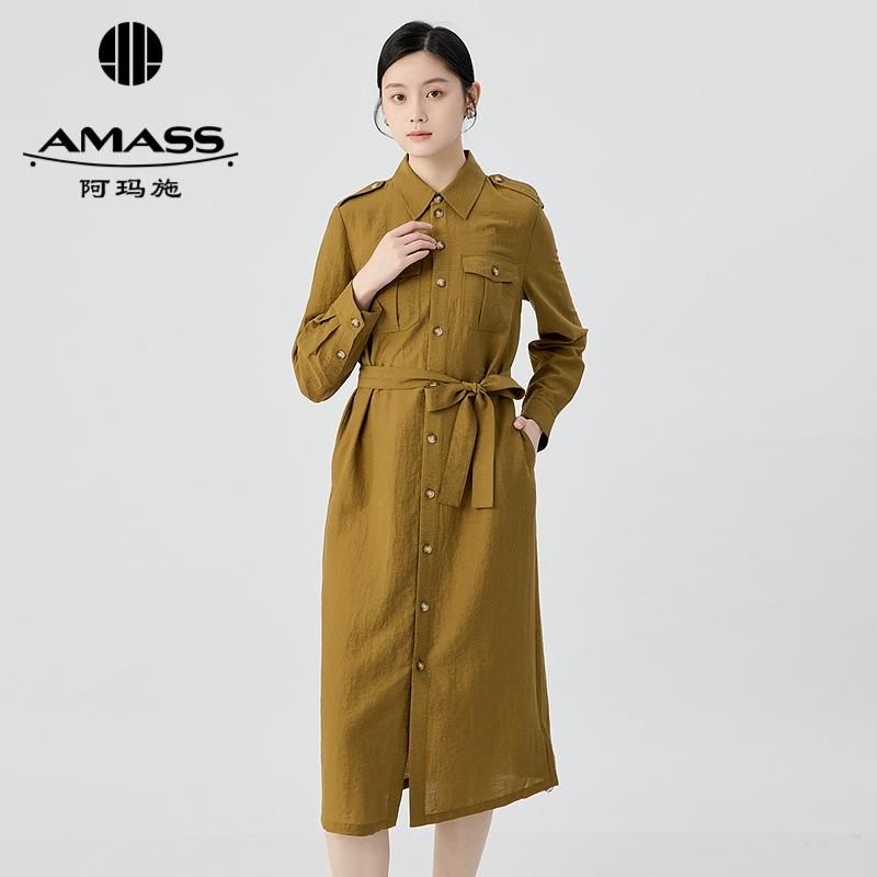 阿玛施AMASS 经典时尚纯色排扣翻领工装长袖连衣裙附腰带550021